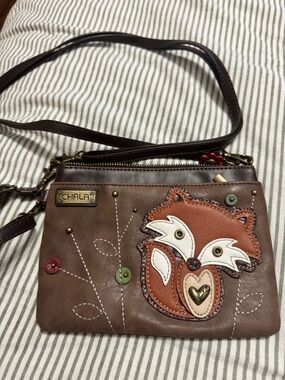 Chala Brown Crossbody Bag with Fox Applique and Multicolor Button Accents